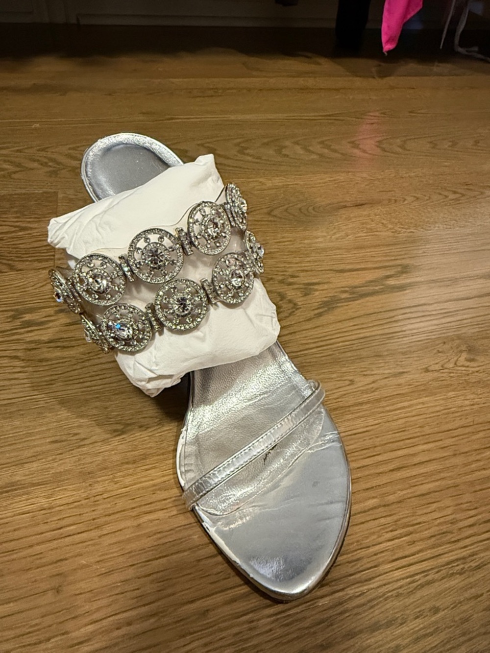 Stuart Weitzman Silver Embellished PVC Slide Sandal Heeled